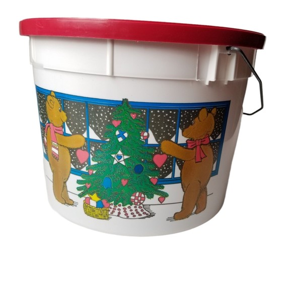Vintage Christmas Bucket w Lid metal handle Holiday Shamrock Ind 5 Qt Teddy Bear - Picture 3 of 11